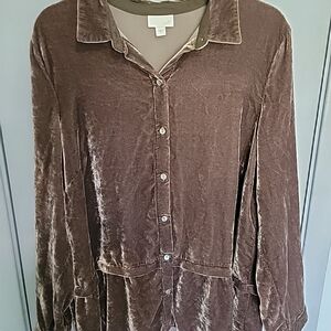 J.jill Brown Velvet Button-Front Blouse Silk Blend Sz Large